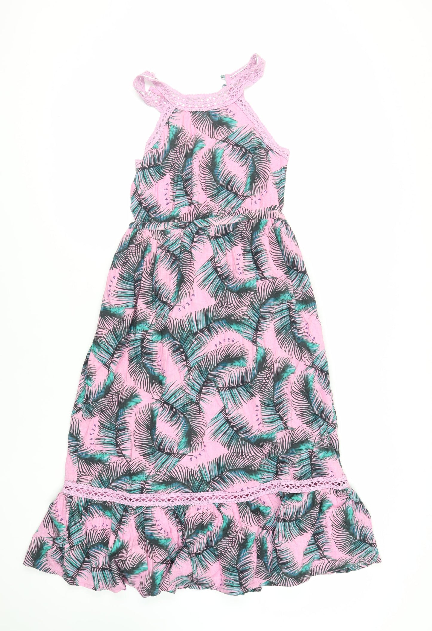 Ted Baker Girls Pink Geometric Cotton A-Line Size 11 Years Halter Button - Ruffle