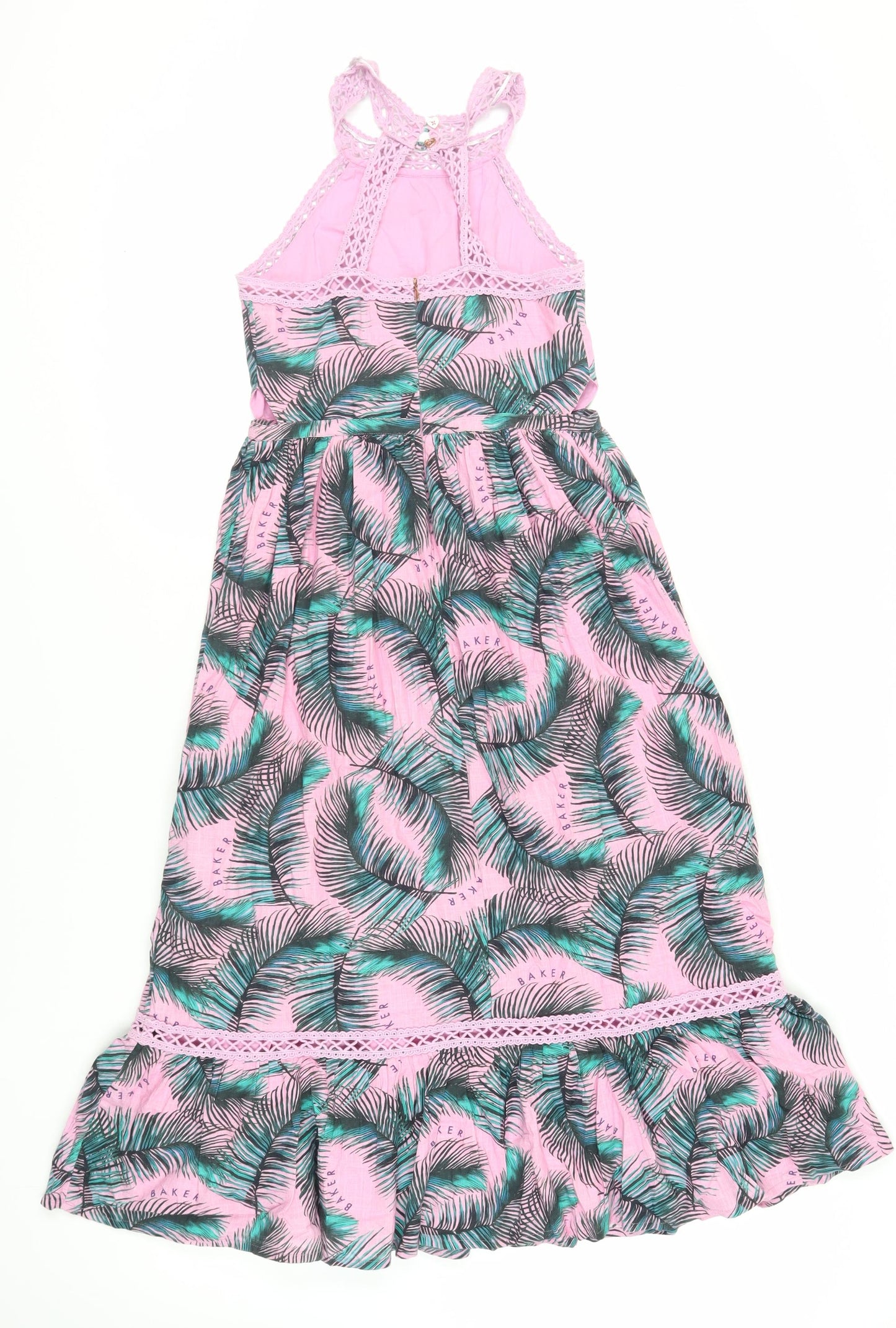 Ted Baker Girls Pink Geometric Cotton A-Line Size 11 Years Halter Button - Ruffle