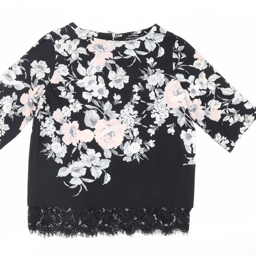 Dorothy Perkins Womens Black Floral Polyester Basic Blouse Size 10 Round Neck - Lace Detail