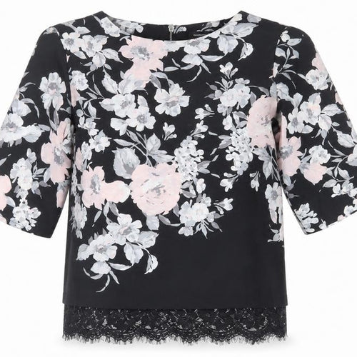 Dorothy Perkins Womens Black Floral Polyester Basic Blouse Size 10 Round Neck - Lace Detail
