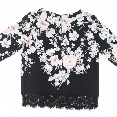 Dorothy Perkins Womens Black Floral Polyester Basic Blouse Size 10 Round Neck - Lace Detail