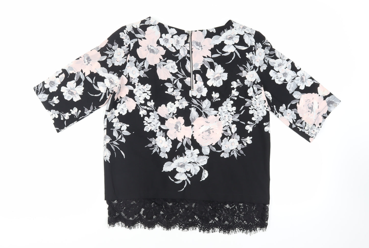 Dorothy Perkins Womens Black Floral Polyester Basic Blouse Size 10 Round Neck - Lace Detail