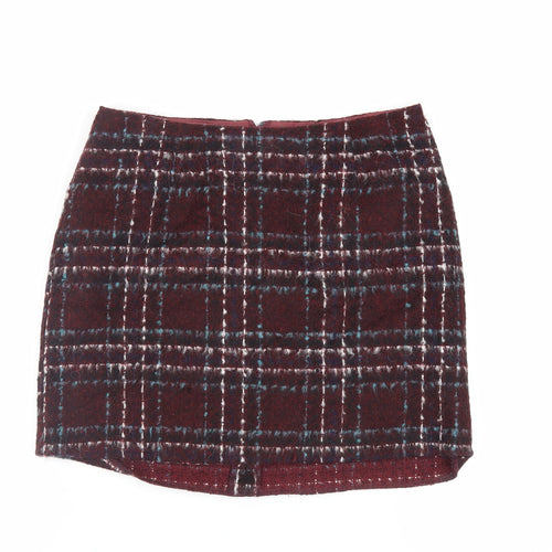 New Look Womens Red Plaid Acrylic Mini Skirt Size 10 Zip - Lined