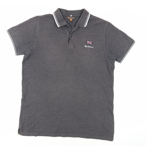 Ben she Mens Grey Cotton Polo Size L Collared Button - Logo