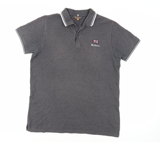 Ben she Mens Grey Cotton Polo Size L Collared Button - Logo