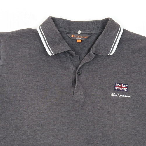 Ben she Mens Grey Cotton Polo Size L Collared Button - Logo