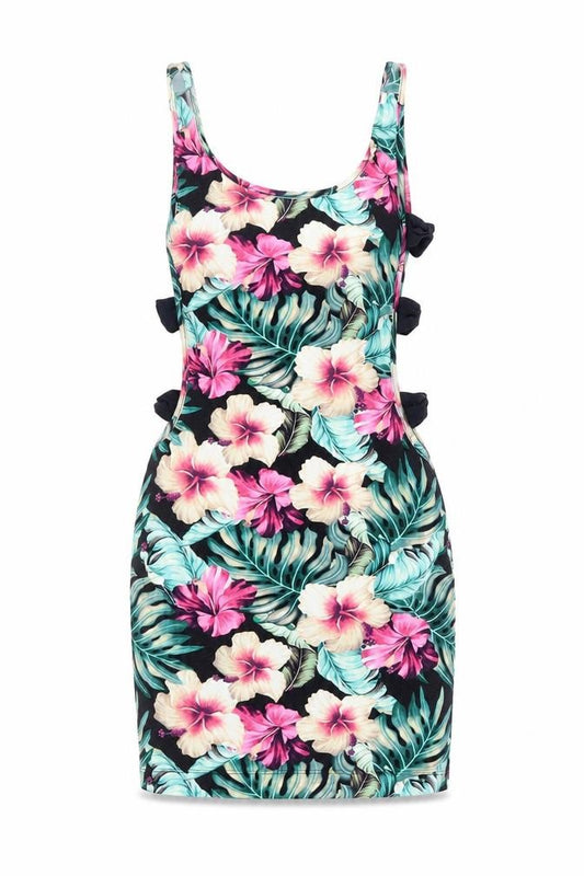 Front view of ASOS women’s multicoloured floral cotton bodycon, size UK 8, round neck pullover - bow detail