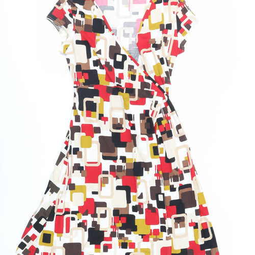 New Look Womens Multicoloured Geometric Viscose Wrap Dress Size 10 V-Neck Tie