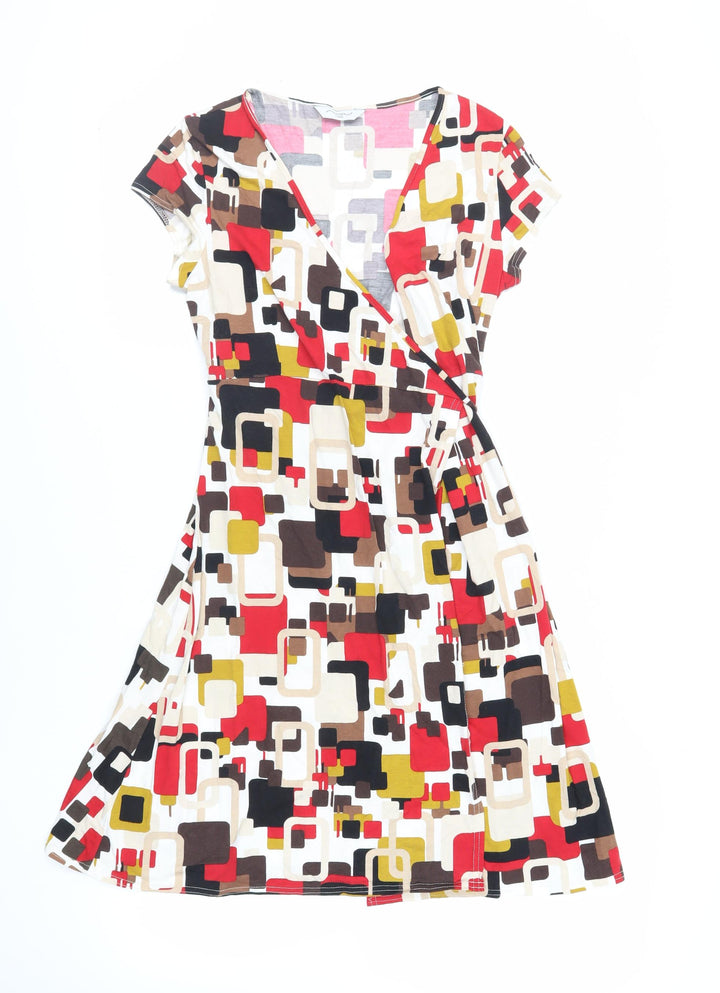 New Look Womens Multicoloured Geometric Viscose Wrap Dress Size 10 V-Neck Tie