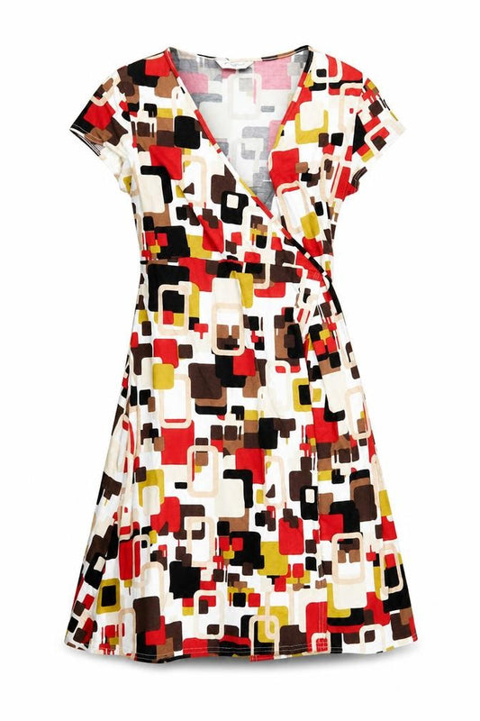 Front view of New Look women’s multicoloured geometric viscose wrap dress, size UK 10, v-neck tie