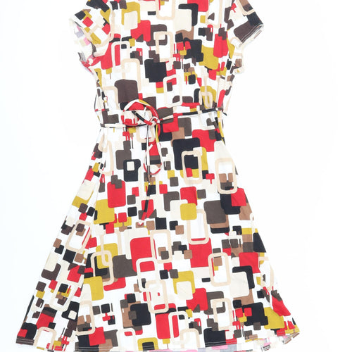 New Look Womens Multicoloured Geometric Viscose Wrap Dress Size 10 V-Neck Tie