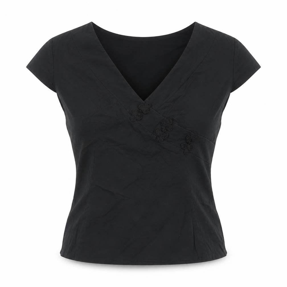Front view of River Island women’s black cotton basic blouse, size UK 10, v-neck - wrap front detail