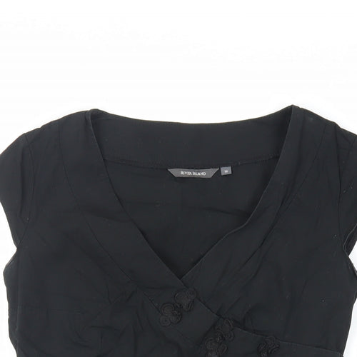 River Island Womens Black Cotton Basic Blouse Size 10 V-Neck - Wrap Front Detail