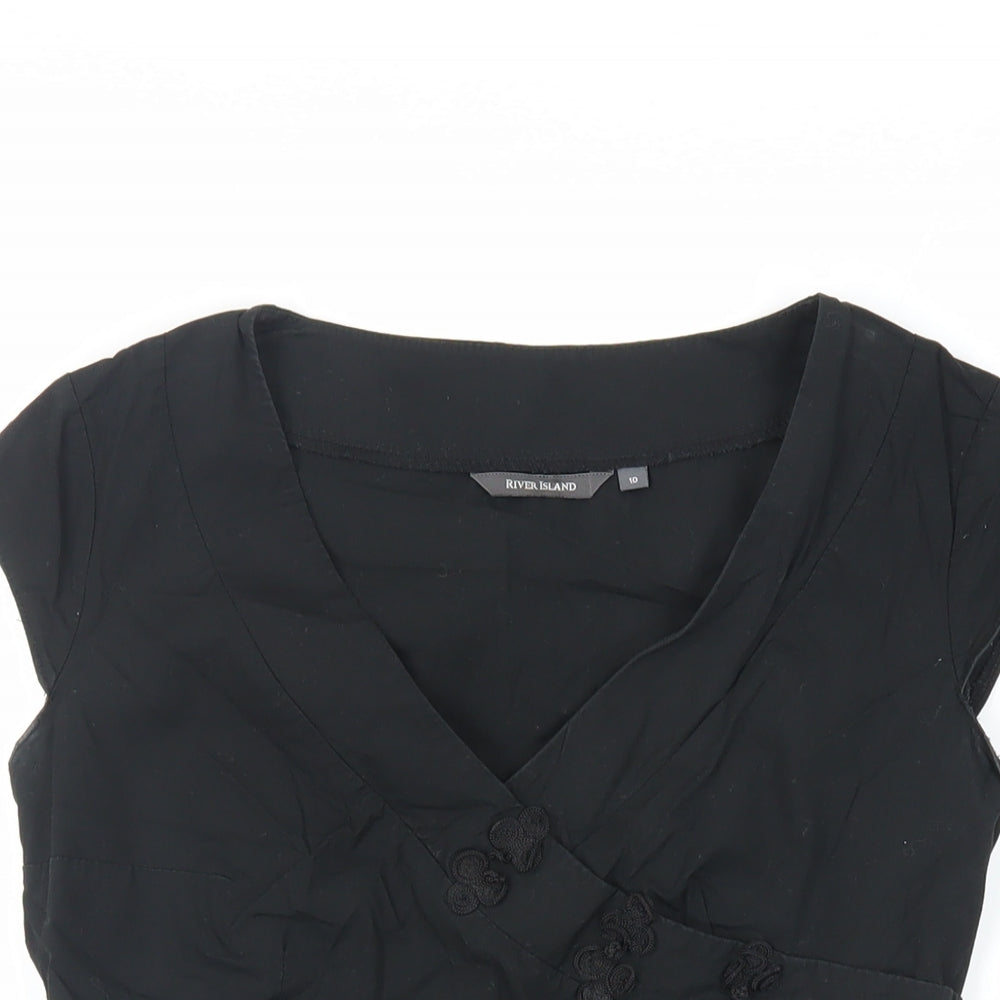 River Island Womens Black Cotton Basic Blouse Size 10 V-Neck - Wrap Front Detail
