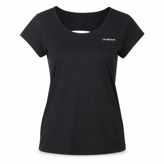 Front view of LA Gear women’s black polyester pullover t-shirt, size S, boat neck pullover - gym running pilates workout