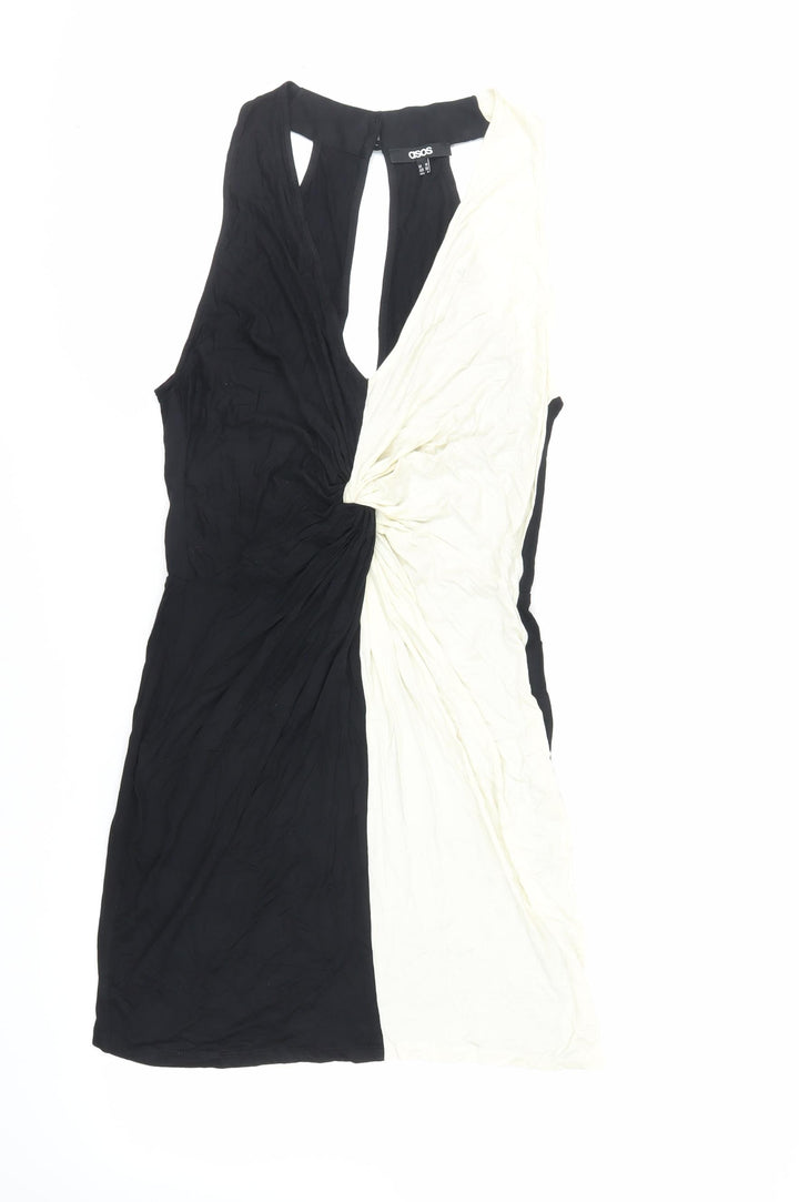 ASOS Womens Black Colourblock Viscose Bodycon Size 10 V-Neck Button - Cut Out Back Detail