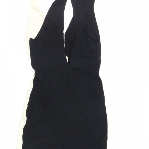 ASOS Womens Black Colourblock Viscose Bodycon Size 10 V-Neck Button - Cut Out Back Detail