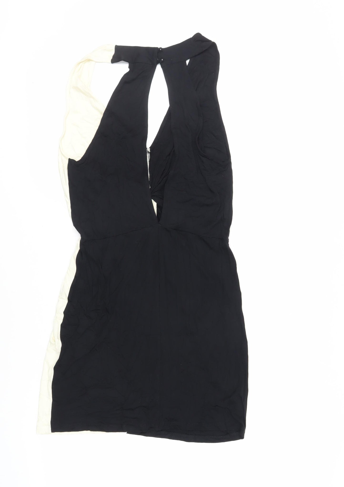 ASOS Womens Black Colourblock Viscose Bodycon Size 10 V-Neck Button - Cut Out Back Detail