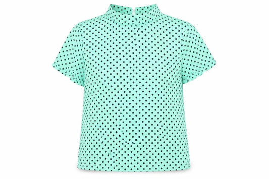 Front view of Marks & Spencer women’s green polka dot polyester basic blouse, size UK 10, collared