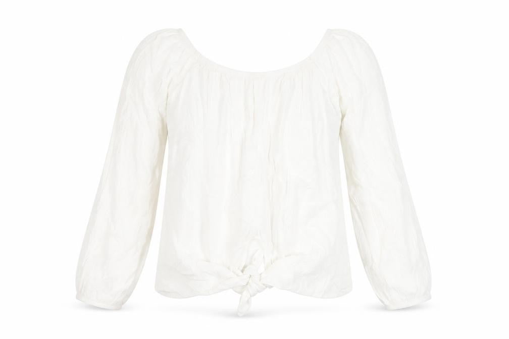 Front view of Miss Selfridge women’s white viscose basic blouse, size UK 10, off the shoulder - tie front