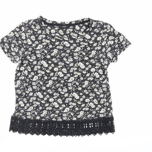 NEXT Womens Black Floral Cotton Basic T-Shirt Size 6 Round Neck - Crocheted Lace Detail