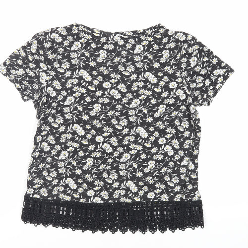 NEXT Womens Black Floral Cotton Basic T-Shirt Size 6 Round Neck - Crocheted Lace Detail