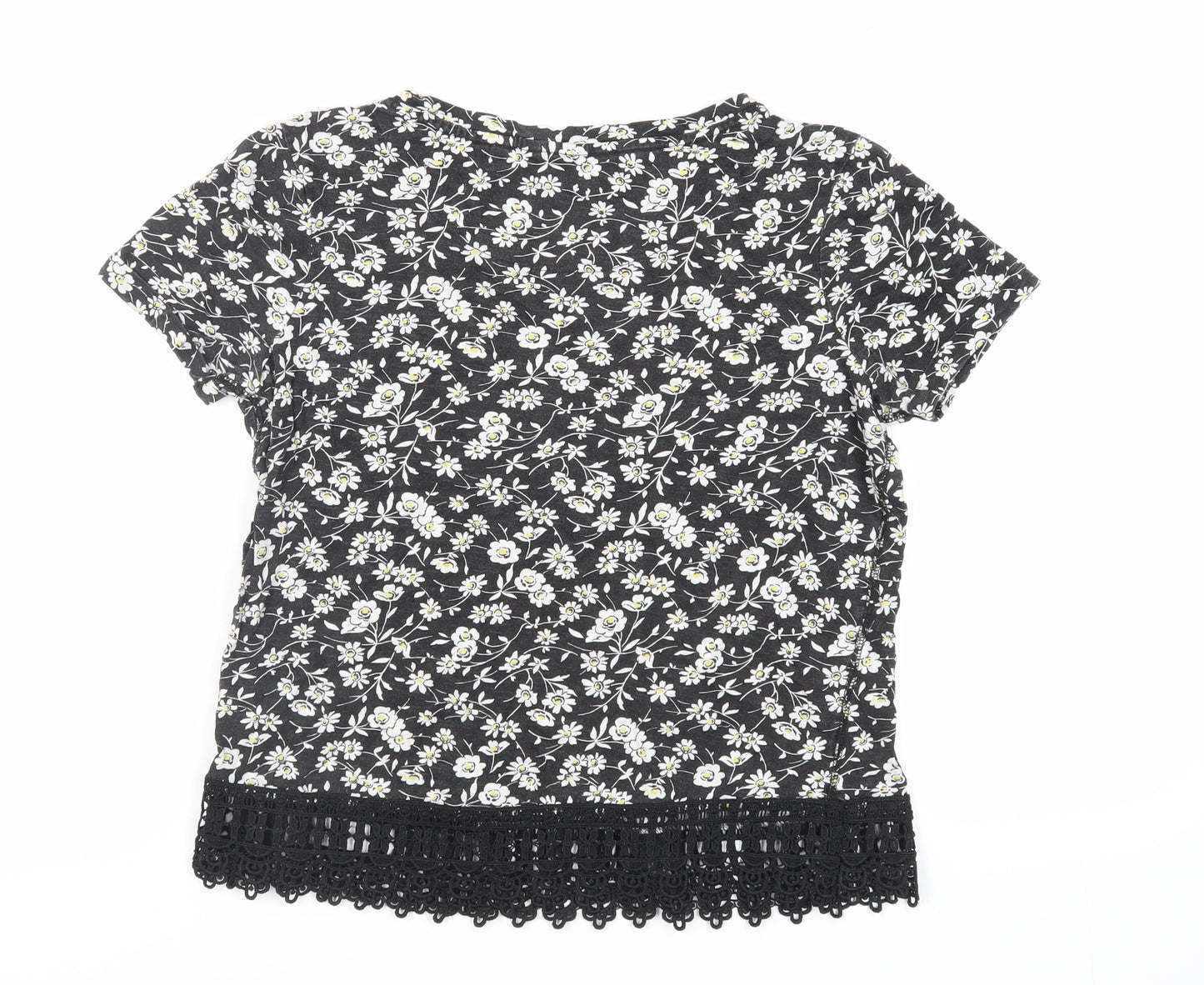 NEXT Womens Black Floral Cotton Basic T-Shirt Size 6 Round Neck - Crocheted Lace Detail