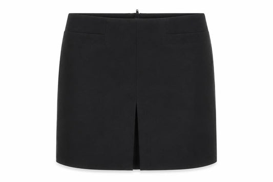Front view of United Colors of Benetton women’s black polyester mini skirt, size UK 10, zip