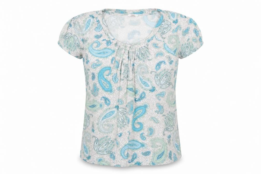 Front view of Marks & Spencer women’s blue paisley viscose basic t-shirt, size UK 14, round neck
