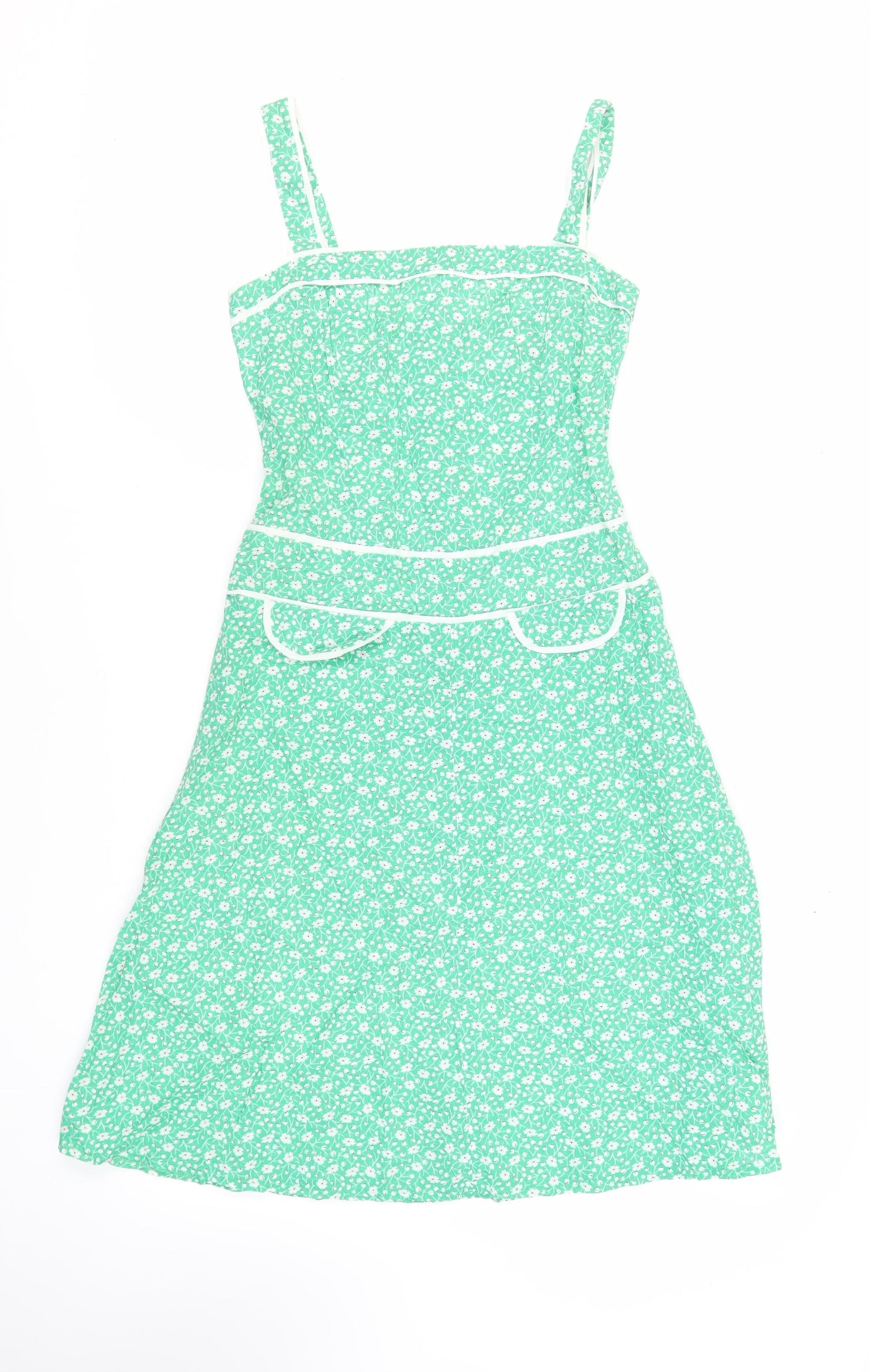 Topshop Womens Green Floral Cotton Tank Dress Size 10 Square Neck Zip