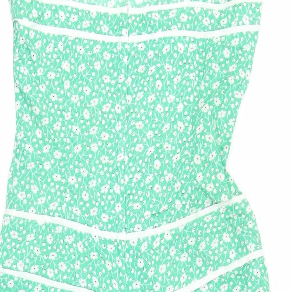 Topshop Womens Green Floral Cotton Tank Dress Size 10 Square Neck Zip