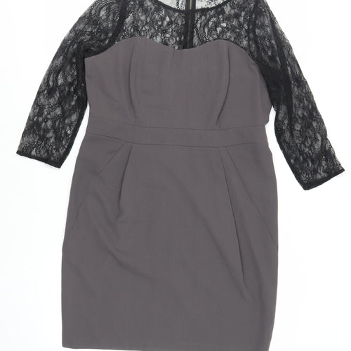 Marks and Spencer Womens Grey Polyester Pencil Dress Size 16 Round Neck Zip - Lace Sleeve