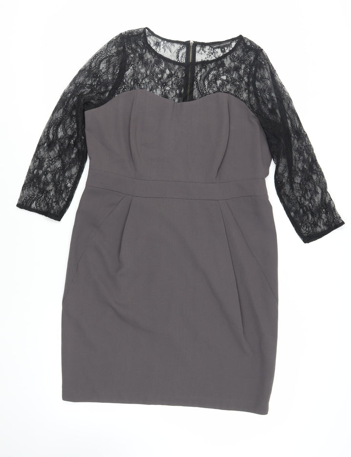 Marks and Spencer Womens Grey Polyester Pencil Dress Size 16 Round Neck Zip - Lace Sleeve