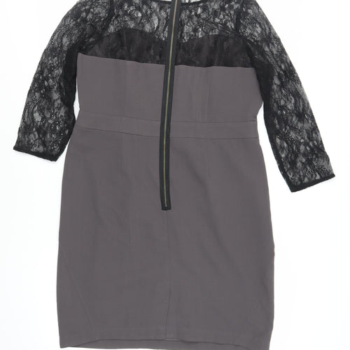Marks and Spencer Womens Grey Polyester Pencil Dress Size 16 Round Neck Zip - Lace Sleeve