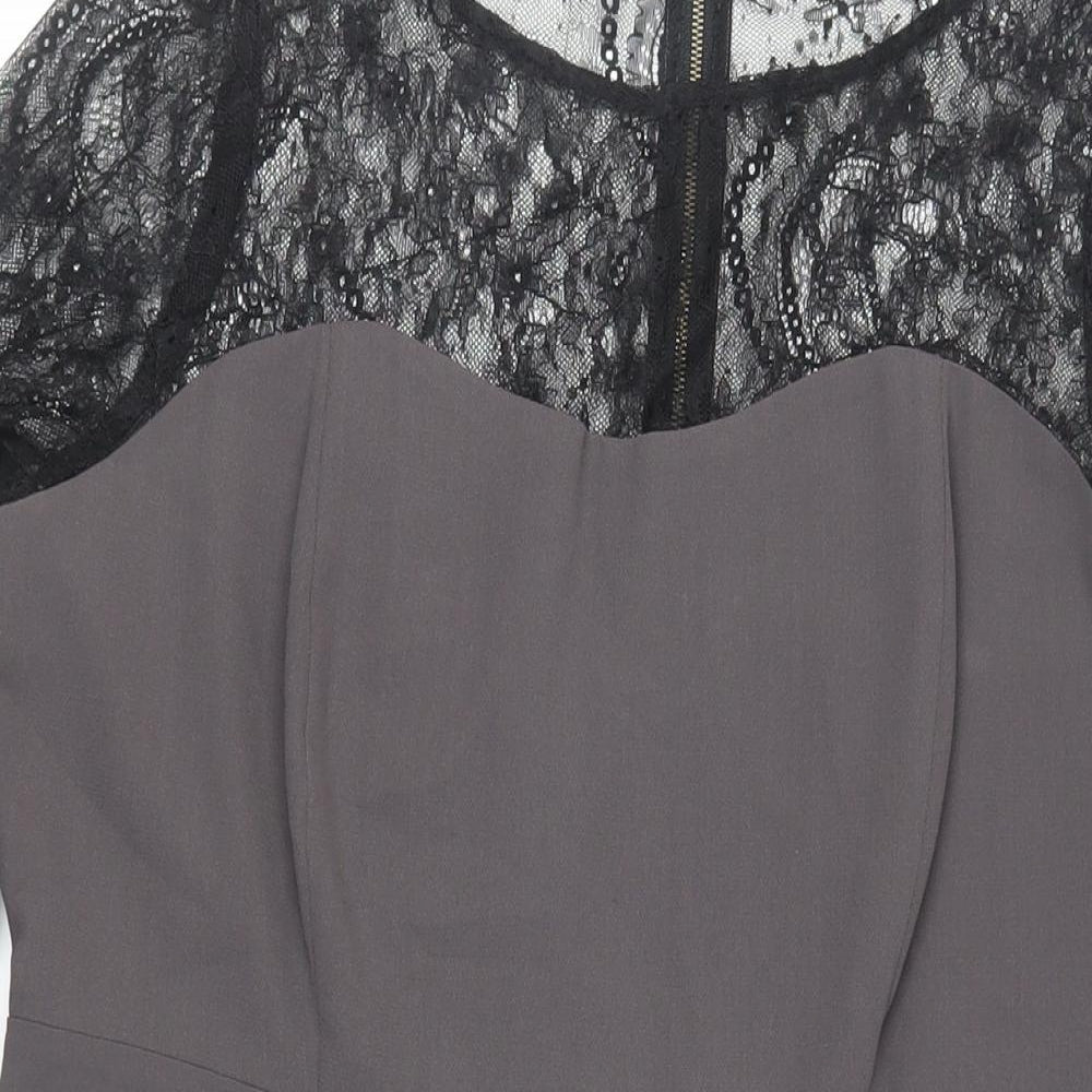Marks and Spencer Womens Grey Polyester Pencil Dress Size 16 Round Neck Zip - Lace Sleeve