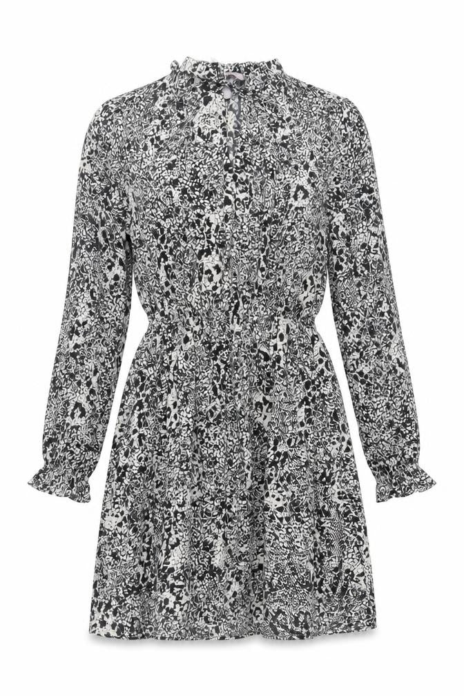 Front view of H7M women’s black geometric polyester fit & flare, size UK 6, round neck - elasticated waist