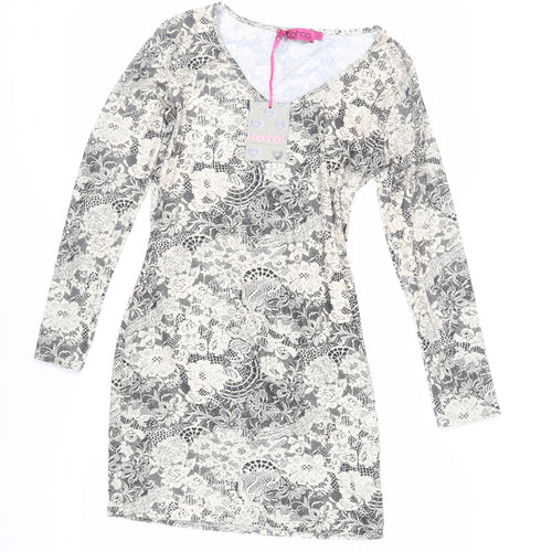 Boohoo Womens Beige Floral Polyester Mini Size 16 V-Neck Pullover