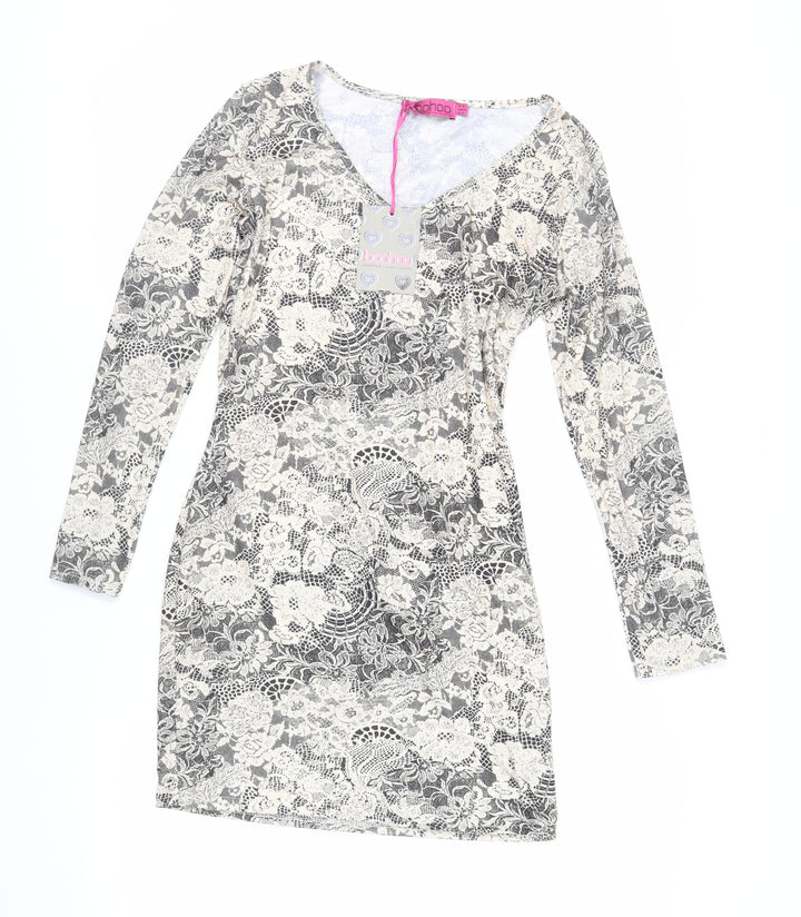 Boohoo Womens Beige Floral Polyester Mini Size 16 V-Neck Pullover