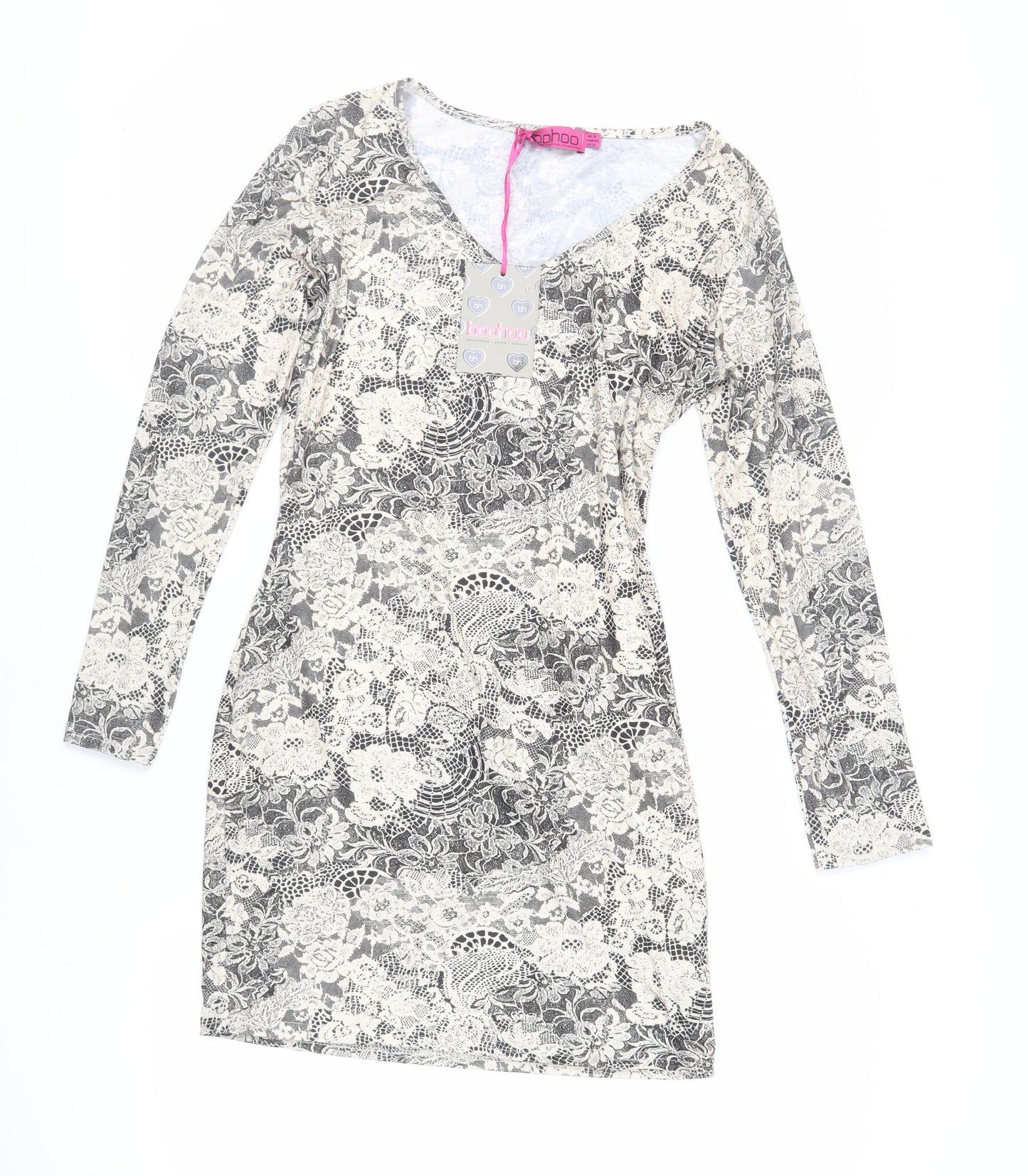 Boohoo Womens Beige Floral Polyester Mini Size 16 V-Neck Pullover