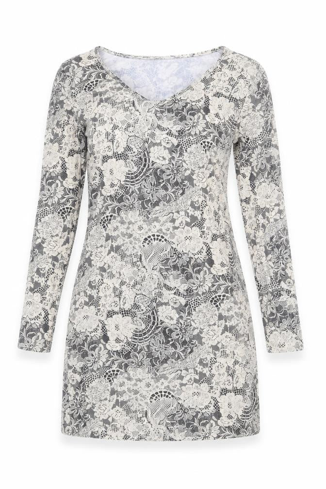 Front view of Boohoo women’s beige floral polyester mini, size UK 16, v-neck pullover