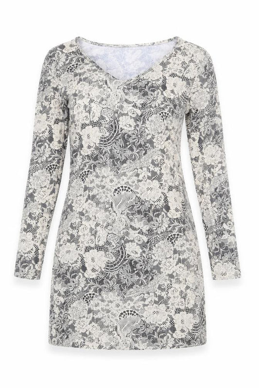 Front view of Boohoo women’s beige floral polyester mini, size UK 16, v-neck pullover