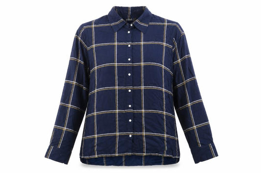 Front view of Damart women’s blue plaid viscose basic button-up, size UK 24, collared