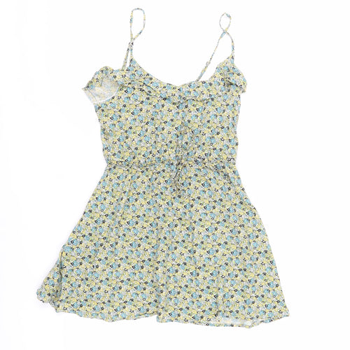 H&M Womens Green Floral Viscose Mini Size 8 Round Neck - Adjustable Waist
