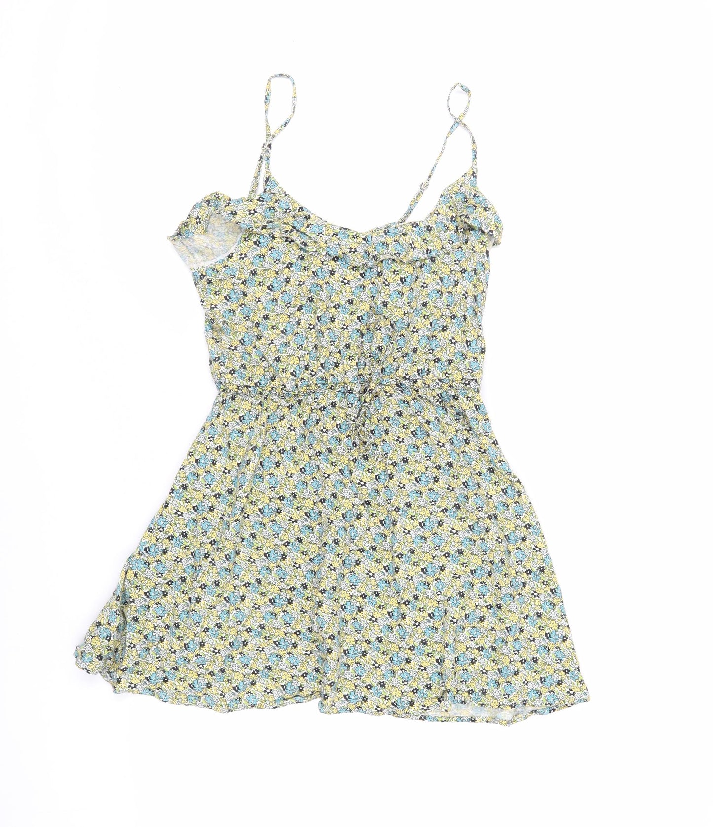 H&M Womens Green Floral Viscose Mini Size 8 Round Neck - Adjustable Waist