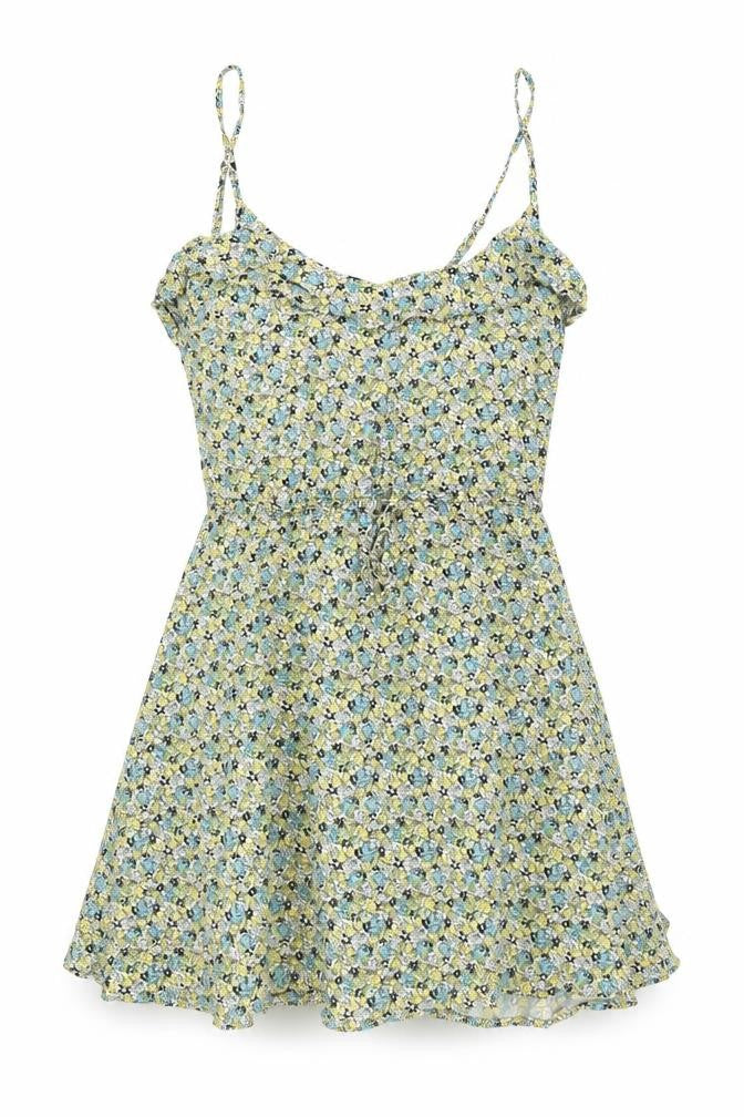 H&M Womens Green Floral Viscose Mini Size 8 Round Neck - Adjustable Waist