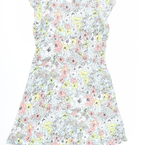Marks and Spencer Womens Blue Floral Viscose A-Line Size 10 Round Neck Button