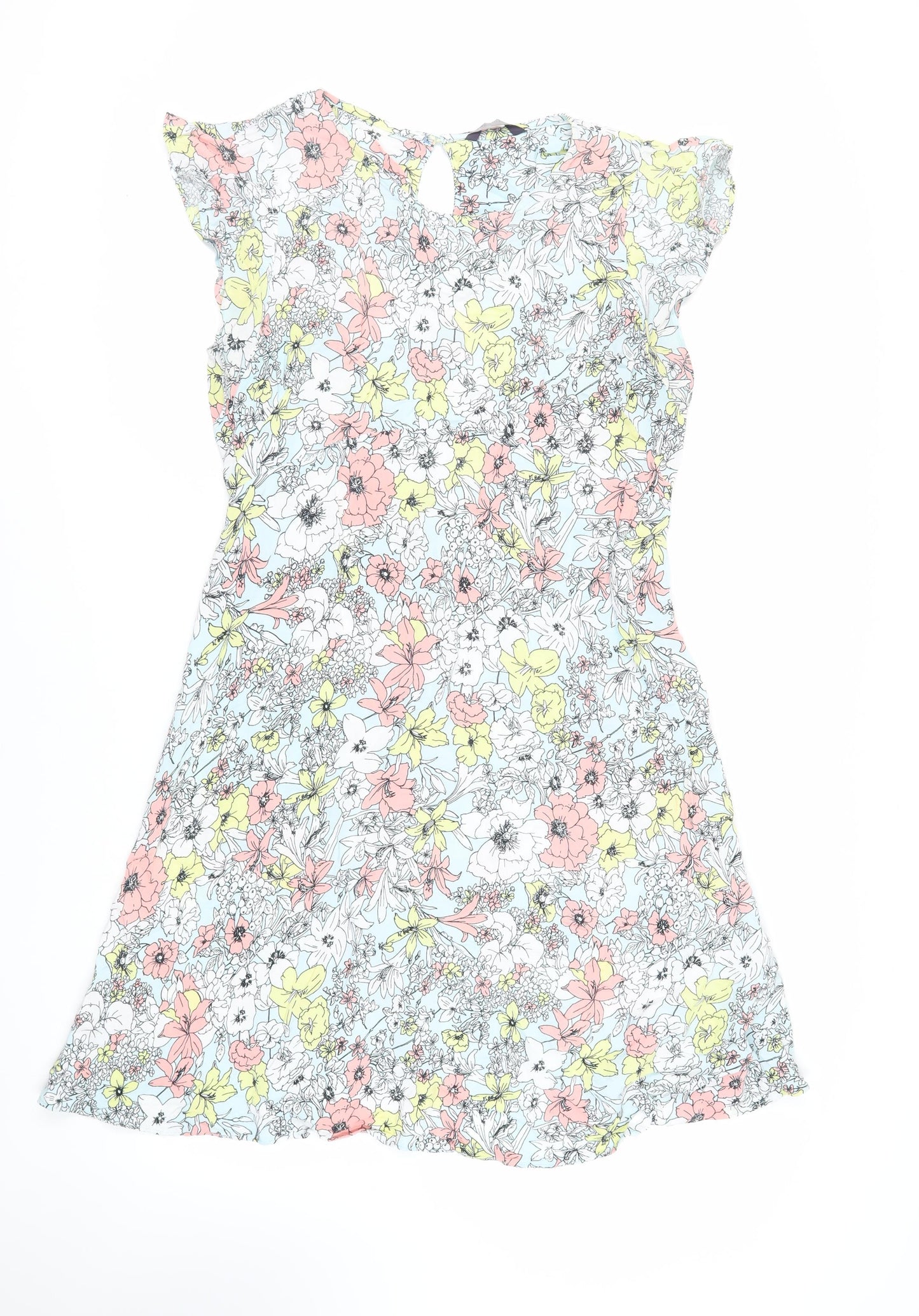 Marks and Spencer Womens Blue Floral Viscose A-Line Size 10 Round Neck Button
