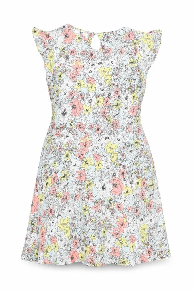 Front view of Marks & Spencer women’s blue floral viscose a-line, size UK 10, round neck button