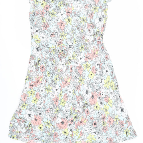 Marks and Spencer Womens Blue Floral Viscose A-Line Size 10 Round Neck Button