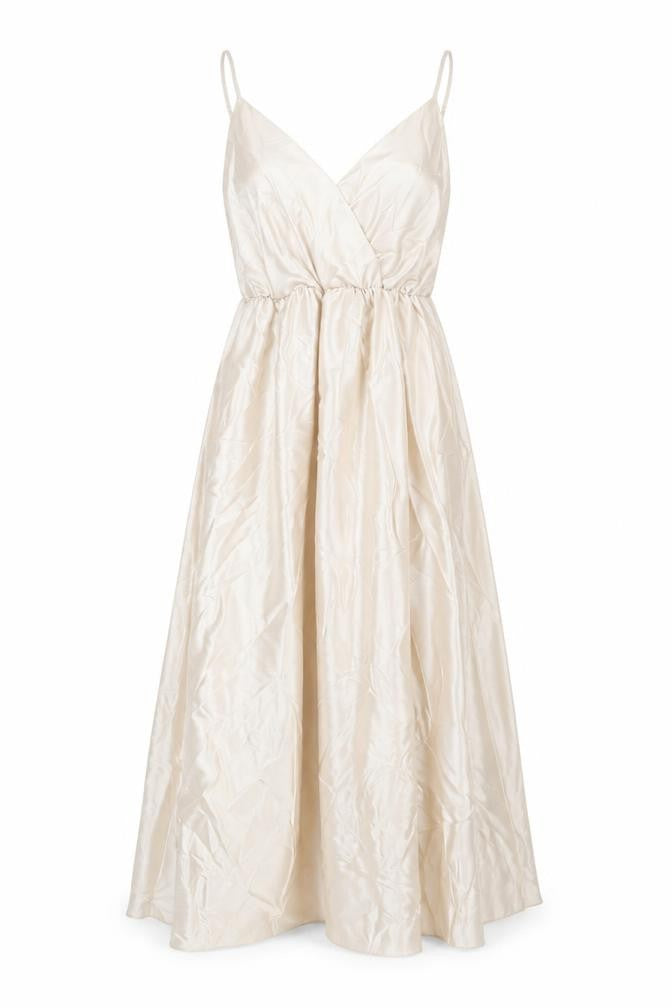 Front view of Boohoo women’s beige polyester slip dress, size UK 10, v-neck - elasticated waist